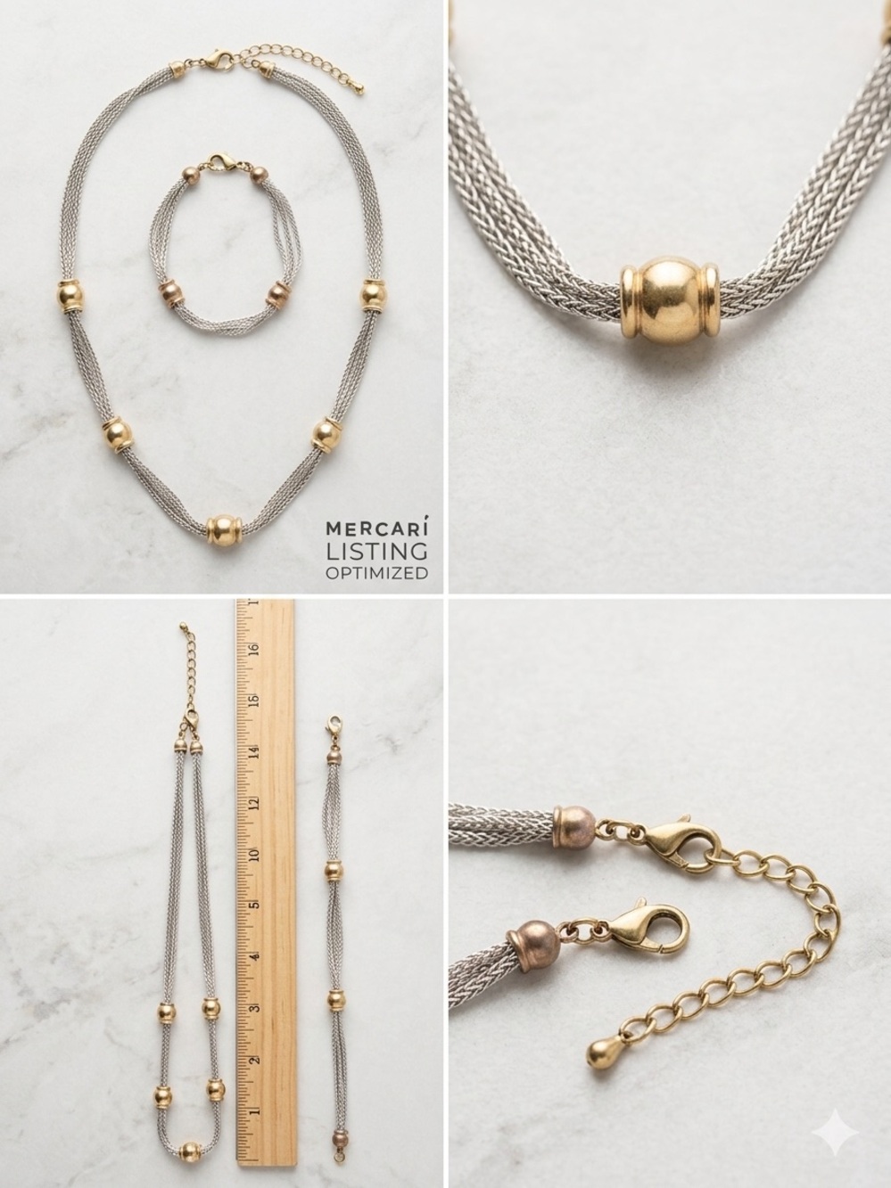 Source Unknown Silver Mesh Necklace & Bracelet Set with Gold Beads